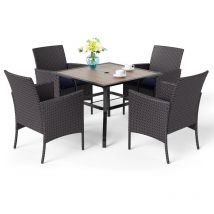 5 Piece Outdoor Patio Garden Furniture Set with 4 pe Rattan Chairs and Steel Frame Square Table with Umbrella Hole Garden Table and Chairs Patio