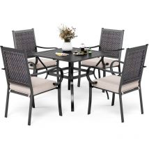 Garden Furniture Sets 5 Piece, Garden Table and Chairs Set, 4 Rattan Chairs with Cushions and Metal Dining Table with Sunshade Hole, Outdoor Table