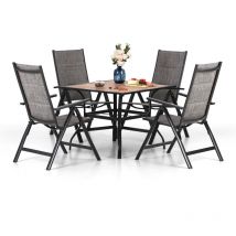 Garden Table and Chairs, 4 Textilene Folding Chairs, 94 cm Wood-Like Metal Table with 4cm Umbrella Hole, Garden Furniture for Patio, Balcony,