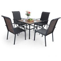 Garden Table and Chairs Set 5 Piece, Garden Furniture Sets, 4 Rattan Garden Chair and Metal Dining Table with Sunshade Hole, Outdoor Patio Furniture