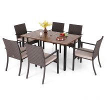 Outdoor Dining Furniture Set 7 Piece, 6 Rattan Chairs and a Rectangular Table with Adjustable Umbrella Hole, Waterproof Cushion Included, Garden
