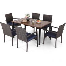 Rattan Garden Furniture Set 7 Pcs, Teak Color Rectangular Dining Table and 6 Rattan Garden Chairs, Navy Blue Cushion Included, Garden Table and