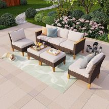 Rattan Garden Furniture Set for 5-7 persons Patio Outdoor Garden Sofa Set Wicker Armchair Stool Ottoman with Weatherproof Seat Cushion Easy Assembly
