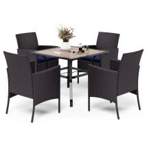 Rattan Gartenmöbel Set, Terrasse Balkon Gartentisch mit Stühle Set, 94cm Quadratische Metall Holzähnlich Tisch, 4cm Schirmloch, 4 Polyrattan Sessel