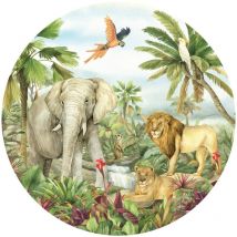 Ag Art - Papier peint intissé auto-adhésif rond animaux de la jungle - Lion, éléphant, perroquet en couleur - 70 x 70 cm