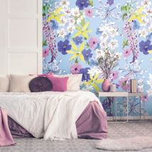 Photo wallpaper Profhome 391961 hot embossed non-woven wallpaper smooth with floral pattern matt violet lilac yellow pink 1.59 m x 2.8 m