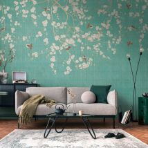 Profhome - Photo wallpaper 399211 hot embossed non-woven wallpaper smooth with floral pattern matt blue cream beige grey 3.71 m x 2.8 m