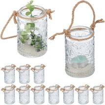Relaxdays - Photophores, lot de 12, avec anse, intérieur & extérieur, 10,5x7 cm, décoration mariage, transparent - marron