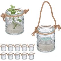 Relaxdays - Photophores, lot de 12, verres avec anse, 7 x 6 cm, intérieur & extérieur, déco mariage, transparent - nature