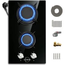 Hobsir - Piano cottura 2 fuochi gas, Piano cottura a gas da 30 cm, Piano cottura 2 fuochi gas incasso, Adatto per lpg e ng, Con spina, Manopola di