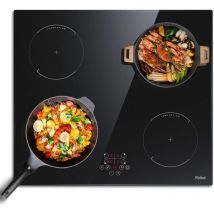 Hobsir - Piano cottura a induzione, 4 fuochi, L59 x P52 cm, 9 livelli di potenza, 6400 w, a incasso, nessuna spina inclusa, controllo touch, funzione