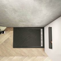 Piatto Doccia Rettangolare Ultra Sottile 3cm In Pietra Vulcanica e Resina Mista Finitura Pietra Nera Ruvida Con Scarico Piletta 120x80 cm