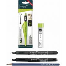 Pica Marker Set - Pica Fine Dry 0.9 + 24 Stück Ersatzminen graphit hb + Permanent Marker 0.7 schwarz + Permanent Marker weiß