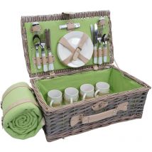 Hegele - Picknickkorb-Set HHG-140 für 4 Personen, Weiden-Korb, Porzellan Edelstahl grau-grün