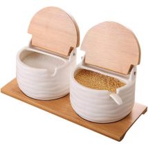 Linghhang - Kitchen Spice Jar, Ceramic Bowl with Bamboo Lids and Porcelain Sugar Spoons, Condiment Container, Spice Jars, Seasoning Box for Home