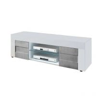 Webmarketpoint - Pied meuble tv blanc brillant avec 2 portes gris béton L.138 P.42 H.44 cm