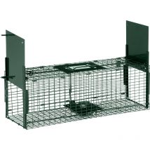 Piège de capture pour petits animaux type lapin rat - 2 entrées + poignée - dim. 60L x 18l x 20H cm - métal vert
