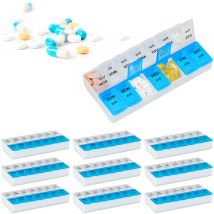 Pilulier 7 jours, lot de 10, deux parties chacun, anglais, boîte médicaments, semainier, matin/soir, blanc et bleu