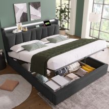 Redom Letto Matrimoniale 140x190 Cm Con Testiera Contenitore, Led E Prese Usb, Lino Grigio (senza Materasso)
