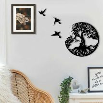 Foziy - Metal Wall Art Tree Of Life With Birds Deco Black - 28cm/11.02in Tree Of Life Wall Decor Modern Wall Decor Metal Tree Family Sign Home Decor