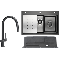 Cecipa Max - Fregadero De Cocina De Acero Inoxidable 70x45cm Negro Antracita Con Escurridor + Grifo De Cocina Extraíble Negro Con 2 Tipos De Chorro 