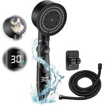 Sunxury – Hochdruck-duschkopf Mit 5 Strahlarten – 2 M Edelstahlschlauch – Temperaturanzeige – Silikondüsen Für Gleichmäßigen Wasserstrahl
