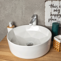 Lavabo Da Appoggio Rotondo In Ceramica Elyna Con Interno Dal Design A Forma Di Diamante.