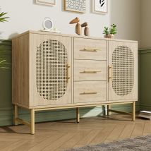 Urban Meuble - Buffet Effet Bois Chêne En Rotin Avec 3 Tiroirs Et 2 Portes 120x40x74cm Vigoih