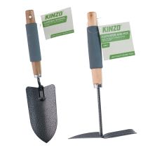 Kinzo Kit Outils Jardin 2pcs - Pelle Transplantoir + Serfouette 2en1 - Manche Bois & Mousse - Set Plantation & Désherbage
