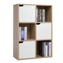 Meerveil Bücherschrank, Vielschichtiges Aufbewahrungsregal Für Bücher Und Dvds, Sechs Fächer Mit 3 Türen, Standregal, Hellbraun