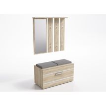 Hucoco - Kathi - Mueble De Entrada Con Espejo + Banco - 35x85x180 Cm - Banco Zapatero - 6 Ganchos - Guardarropa
