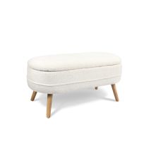 Hispanohogar, Banqueta Con Almacenamiento En Borreguillo Blanco Con Patas En Madera Natural, 48x101x41