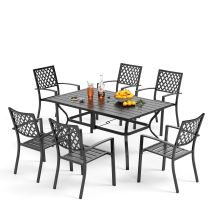Phi Villa 7 Piece Garden Outdoor Patio Dining Set, Rectangular Metal Table With Umbrella Hole And 6 Stackable Garden Chairs, Garden Table And Chairs 