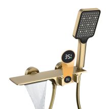 Badewannenarmatur Mit Handbrause Gebürstetes Gold Wasserfall Badewannenarmatur Mit Temperaturanzeige, Messing Mischbatterie Wasserhahn Badewanne, 3 