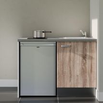 Kochnischen K08l-pt - 120 Cm - Laminatplan, Spüle Edelstahl, - Holzfront - Betongraue Laminatplatte - Kredenzen Nein + Haushaltsgeräte Edelstahl