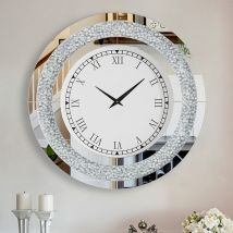 Unho - Contemporary Round Glass Wall Clock Crystal Diamond Inlay - Silver