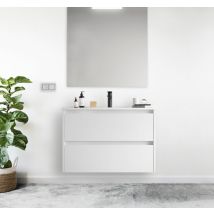100 Cm Hängender Badezimmerschrank Aus Satinweißem Holz Mit Eingebautem Waschbecken – Nova - 100 Cm Mit Doppelsäule Lampe - Accessorio: Standard - 