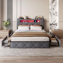 Lit Avec Tiroirs 140x190 Cm Avec Tête De Lit De Rangement Et Led - Velours - Gris