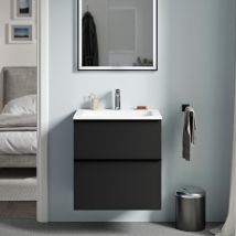 Bernstein - Mueble Lavabo Suspendido Mdf Negro Mate, Lavabo Fundición Blanco Mate + Orificio Grifería, Tirador Negro Mate 60x46x62cm Lavoa Negro Mate,