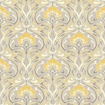 Retro Damask Wallpaper Vintage Flora Nouveau Metallic Silver Grey Yellow Crown
