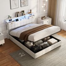 Lit Coffre 160x200 Avec Ports Usb Et Led,lit Adulte Avec Rangement,sommier À Lattes,tête De Lit Avec 2 Tiroirs,tissu Velours Beige
