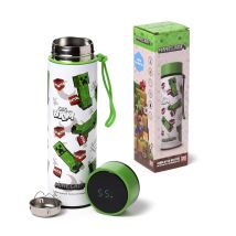 Puckator Bottiglia Termica In Acciaio Con Termometro Led - Creeper & Tnt - Borraccia Minecraft 450ml - Design A Doppia Parete