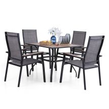 Gartentisch Mit 4 Stühle Set, Holzähnlich Garten Tisch Mit 4cm Schirmloch Und 4 Aluminium Textilene Gartenstühle, Terrasse, Balkon, Bistro, Camping - 
