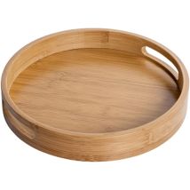 Qiedie - Round Wooden Serving Tray With Handles, Round Decorative Tray, Natural Bamboo, Decorative Tray For Cafe, Bar, Restaurant (brown), 25x25x4cm