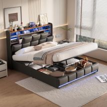 Bett Mit Stauraum 140x190 Cm, Bett 140x190 Cm, Mit Einstellbarer Led-beleuchtung, Usb-ladeanschluss, Pu, Lattenrost, Maximale Belastung 350 Kg, 