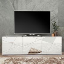 Meuble Tv - Blanc Laqué Brillant Avec Sérigraphie Miroir - L181 X P43 X H57 Cm - Victory