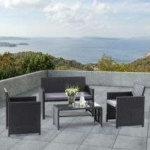 Lounge-Set Glas Schwarz 2-Sitzer Sofa + 2 Sessel + Tisch – Stahl mit Rattanimitat – 85 x 43 x 39 cm – 2 Jahre Garantie