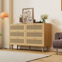 Cómoda Natural De 6 Cajones, Con Tiradores Metálicos, 120x40x77 Cm