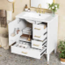 Lavabo 30 Pollici Con Lavabo In Ceramica, Anta A Chiusura Ammortizzata Con Ripiano Integrato, Cassetto Profondo, Cassetto Standard, Lungo Cassetto 