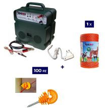 Kit Complet Pour Clôture Électrique : 1 X Electrificateur B12 Double Alimentation 12 V / 220 V + 1x Fil 500 Mt 4 Mm² + 100 Pcs Isolateur Pour Piquets 